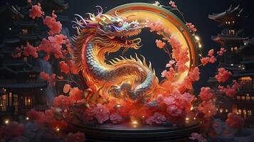 AI generated Happy chinese new year the dragon zodiac sign with flower, lantern, chinese elements on color background. made from resine luxury style. 3d render, transparent resine. photo