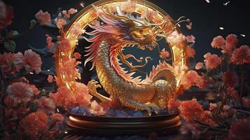 AI generated Happy chinese new year the dragon zodiac sign with flower, lantern, chinese elements on color background. made from resine luxury style. 3d render, transparent resine. photo