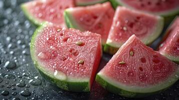 AI generated Piles of fresh watermelons slices filled the entire space. wet with water droplets, photographed from above. photo