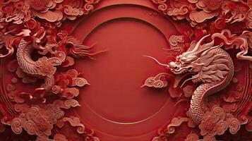 AI generated Chinese New Year theme plain background with dragon sign, typical Chinese frames on each side. luxury style of paper cut art. photo