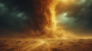 ai generado el cielo estaba oscuro con trueno retumbar, como un arena tornado cruzado el desierto. foto