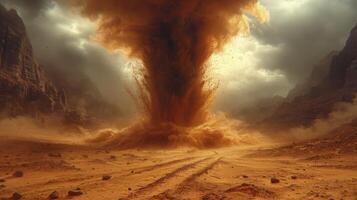 ai generado un arena tornado en el medio de un brillante Desierto durante el día, con arena paso mediante el aire. foto