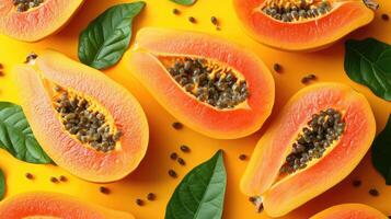 AI generated slices of papaya, a creative layout to highlight the fruit's freshness and deliciousness, direct top view. photo