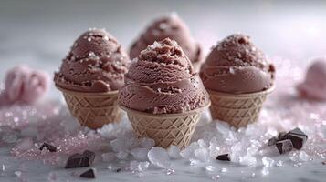 AI generated Delicious chocolate ice cream with ice cubes and choco chips, sweet dessert background. photo