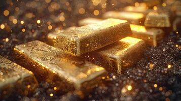 AI generated Pile of shiny gold bars. photo