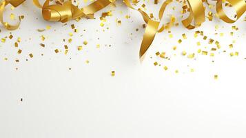 AI generated Golden Tiny Confetti And Streamer Ribbon Falling On White Background. 3d render elegant. photo