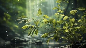 ai generado gotas de lluvia en el verde hojas después el lluvia, en el bosque mira mojado y fresco. actual bosque antecedentes. foto