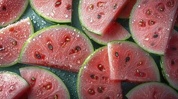 AI generated Piles of fresh watermelons slices filled the entire space. wet with water droplets, photographed from above. photo