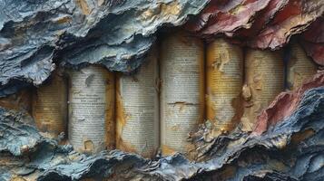 AI generated Pile of old parchment paper and vintage texture background of old damaged books. photo