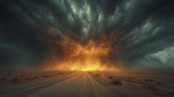 ai generado el cielo estaba oscuro con trueno retumbar, como un arena tornado cruzado el desierto. foto