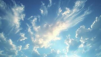 AI generated a clear blue sky scene with a trail of wispy Cirrus clouds and fine grains. photo