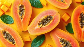 AI generated slices of papaya, a creative layout to highlight the fruit's freshness and deliciousness, direct top view. photo