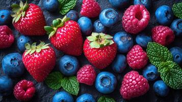 ai generado mezcla de bayas tal como fresas, arándanos, y frambuesas arreglado ingeniosamente para un Estallar de color antecedentes. foto