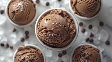 AI generated Delicious chocolate ice cream with ice cubes and choco chips, sweet dessert background. photo