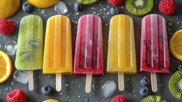 AI generated Fresh fruit popsicles on a white table. fruit popsicles, kiwi, strawberry, orange. Sweet desert background. photo