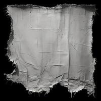 AI generated black and white grunge of a torn white fabric, black background, photo