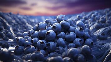 AI generated a backdrop of piles of fresh blue berries fills the entire space. wet with water droplets, a feel of freshness. photo