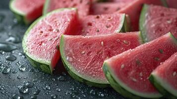 AI generated Piles of fresh watermelons slices filled the entire space. wet with water droplets, photographed from above. photo