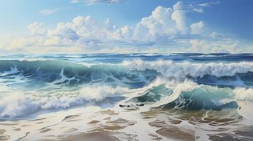 AI generated Beautiful blue ocean waves on clean sandy beach background. Summer vacation illustration concept. photo