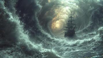 AI generated a tornado storm at sea with a ship bobbing amidst huge waves. photo