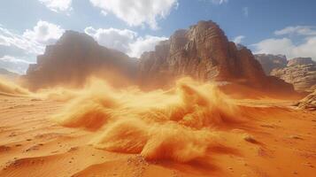 AI generated a sign of the presence of a sand tornado in the desert. photo