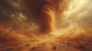 ai generado un arena tornado en el medio de un brillante Desierto durante el día, con arena paso mediante el aire. foto