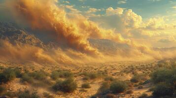 AI generated sand tornadoes in the desert surrounded by green oasis views. photo