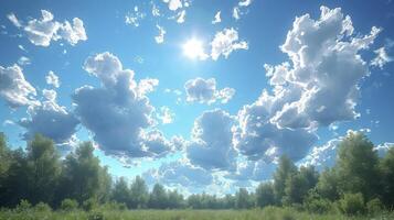 AI generated a clear blue sky scene with a trail of wispy Cirrus clouds and fine grains. photo