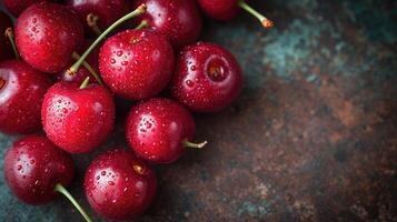 AI generated pile of tempting cherries, an interesting arrangement to showcase the brightness and softness of the fruit. photo