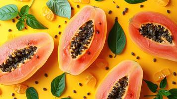 AI generated slices of papaya, a creative layout to highlight the fruit's freshness and deliciousness, direct top view. photo