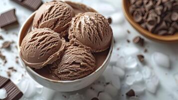 AI generated Delicious chocolate ice cream with ice cubes and choco chips, sweet dessert background. photo