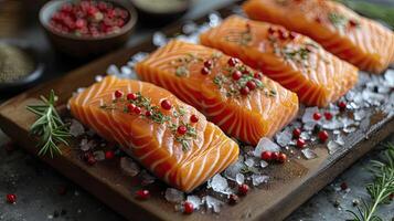 ai generado perfectamente salmón filetes congelado comida fruto de mar. foto