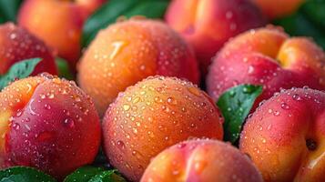 AI generated fresh peaches with water drops background. photo