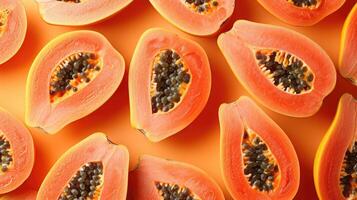 AI generated slices of papaya, a creative layout to highlight the fruit's freshness and deliciousness, direct top view. photo