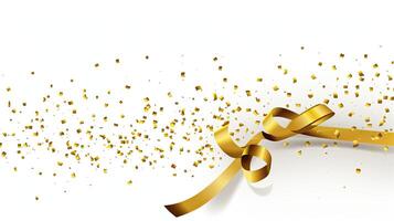 AI generated Golden Tiny Confetti And Streamer Ribbon Falling On White Background. 3d render elegant. photo