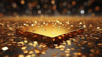 AI generated Glossy golden square podium among thousands of falling golden confetti. photo