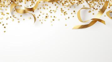 AI generated Golden Tiny Confetti And Streamer Ribbon Falling On White Background. 3d render elegant. photo