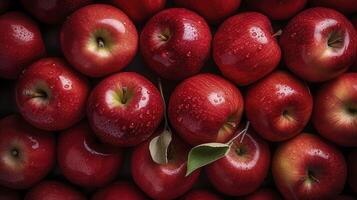 AI generated Red apples background, wet with water droplets, are piled into a large container and photographed from above. photo