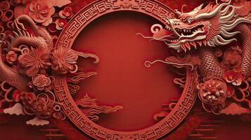 AI generated Chinese New Year theme plain background with dragon sign, typical Chinese frames on each side. luxury style of paper cut art. photo