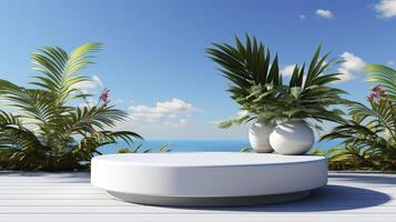 AI generated close-up a white podium in round-shaped displayed on the sand. Blue sky background. photo
