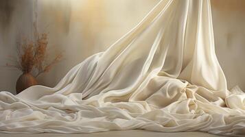 AI generated Messy white silk fabric backdrop with dramatic lighting. photo