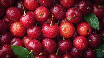 ai generado pila de tentador cerezas, un interesante arreglo a escaparate el brillo y blandura de el fruta. foto