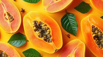 AI generated slices of papaya, a creative layout to highlight the fruit's freshness and deliciousness, direct top view. photo