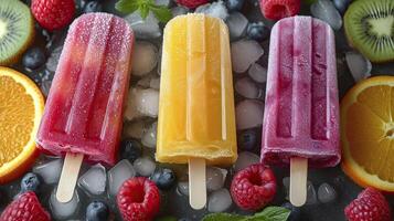 AI generated Fresh fruit popsicles on a white table. fruit popsicles, kiwi, strawberry, orange. Sweet desert background. photo