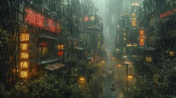 AI generated A fantasy world with urban nuances densely populated by Chinese people drenched by heavy rain. photo