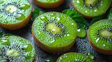 AI generated Exotic Kiwi background. Exotic appeal of perfectly round kiwi slices. photo