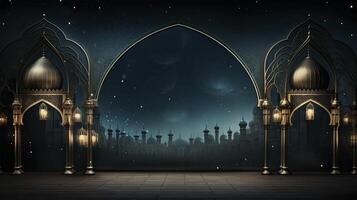 AI generated Ramadan background, free space, Art Deco, dark blue background photo