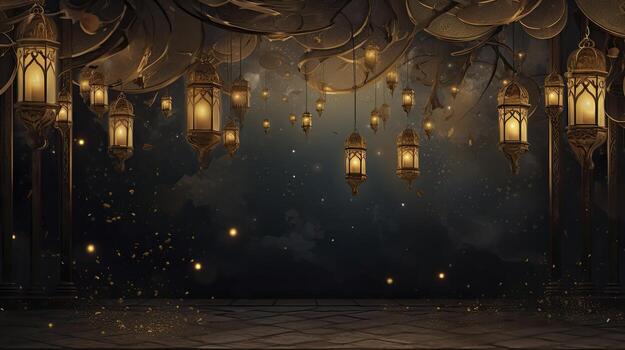 AI generated Ramadan themed background, shiny nipple wall, gold lanterns in the corner, gold particles and small lanterns hanging, Art Nouveau style photo