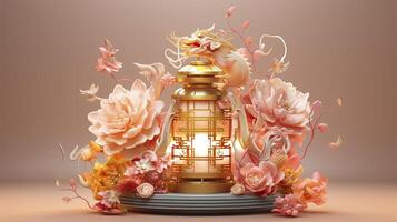 AI generated Happy chinese new year the dragon zodiac sign with flower, lantern, chinese elements. made from resine luxury style. 3d render. photo