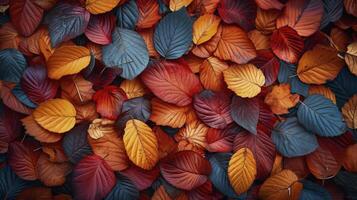 AI generated Pile of colorful autumn leaves on the ground. Autumn background. photo